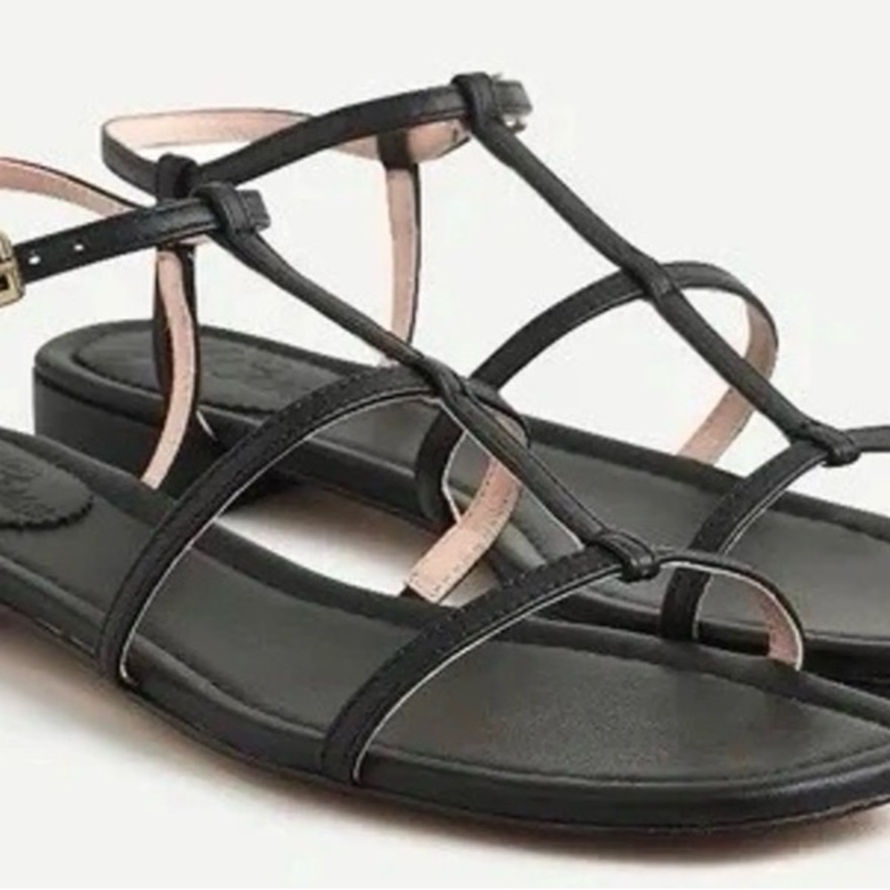 J. Crew Black Leather Strappy T‑Bar Sandals